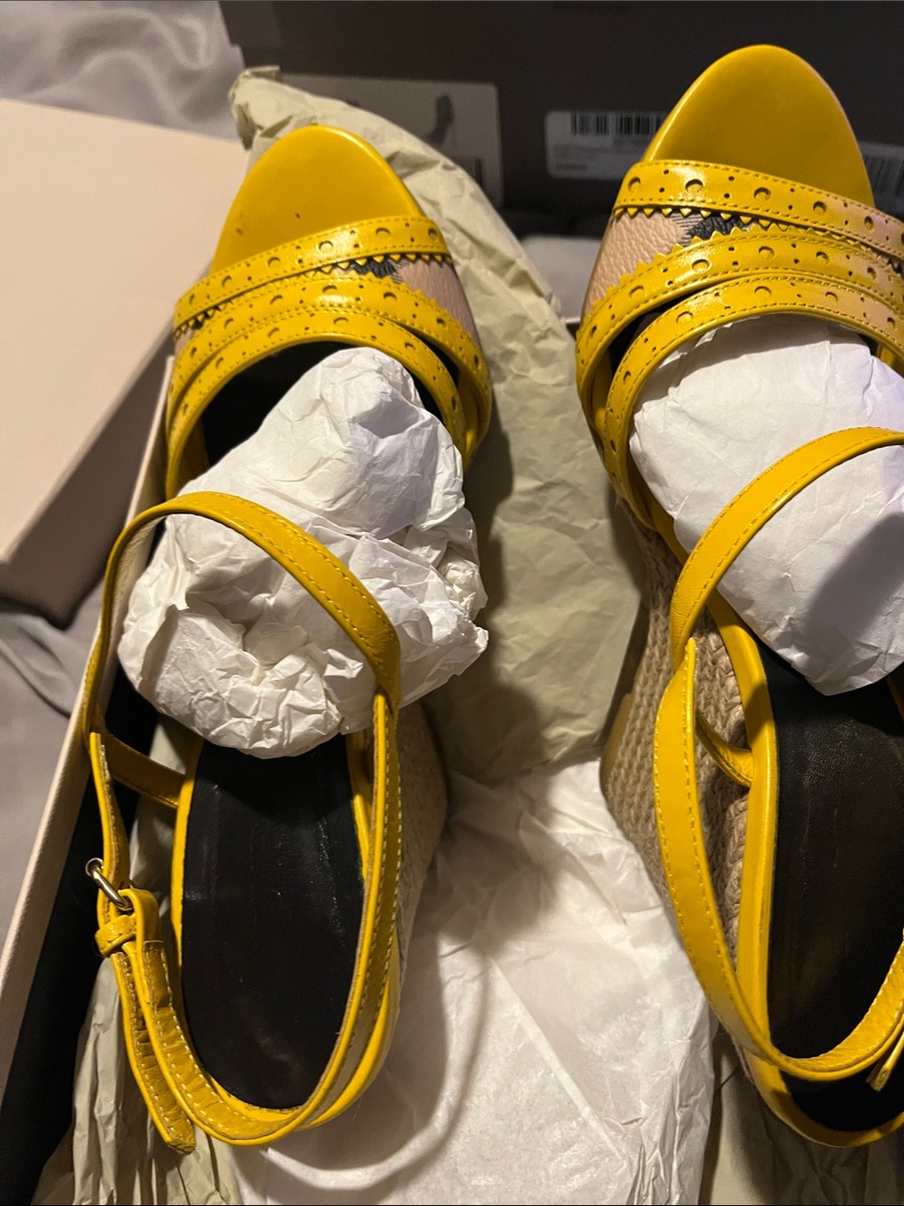 Burberry Yellow Leather Espadrille Slingback Wedges